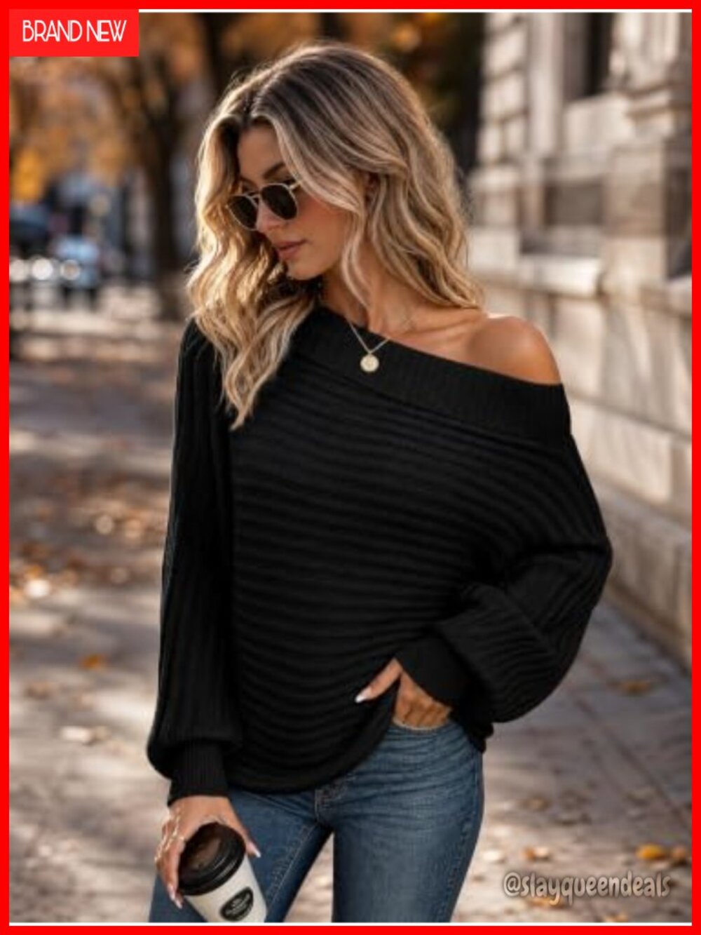 Oversized Off-the-Shoulder Ribbed Knit Pullover Sweater - Picture 3 of 5